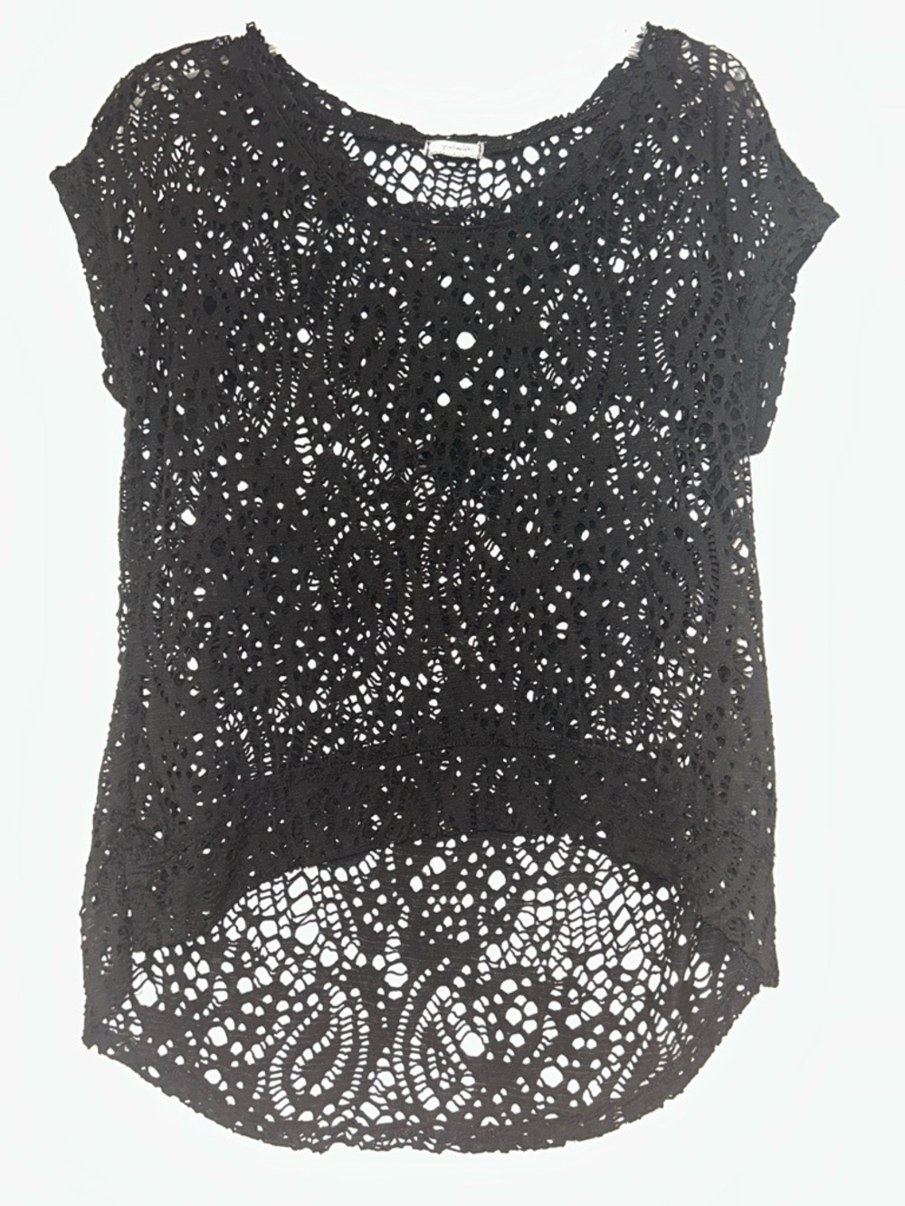 Eyeshadow Crocheted Y2K Short-Sleeve JR M Top Black Hi/Low Hem Casual Cut Out